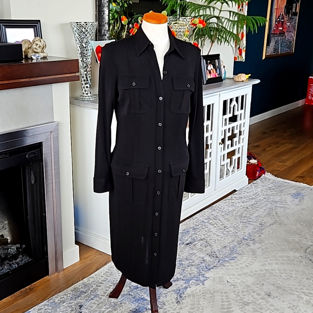 Ralph Lauren button front dress. Black. Medium. 60 in tie Belt included SALE